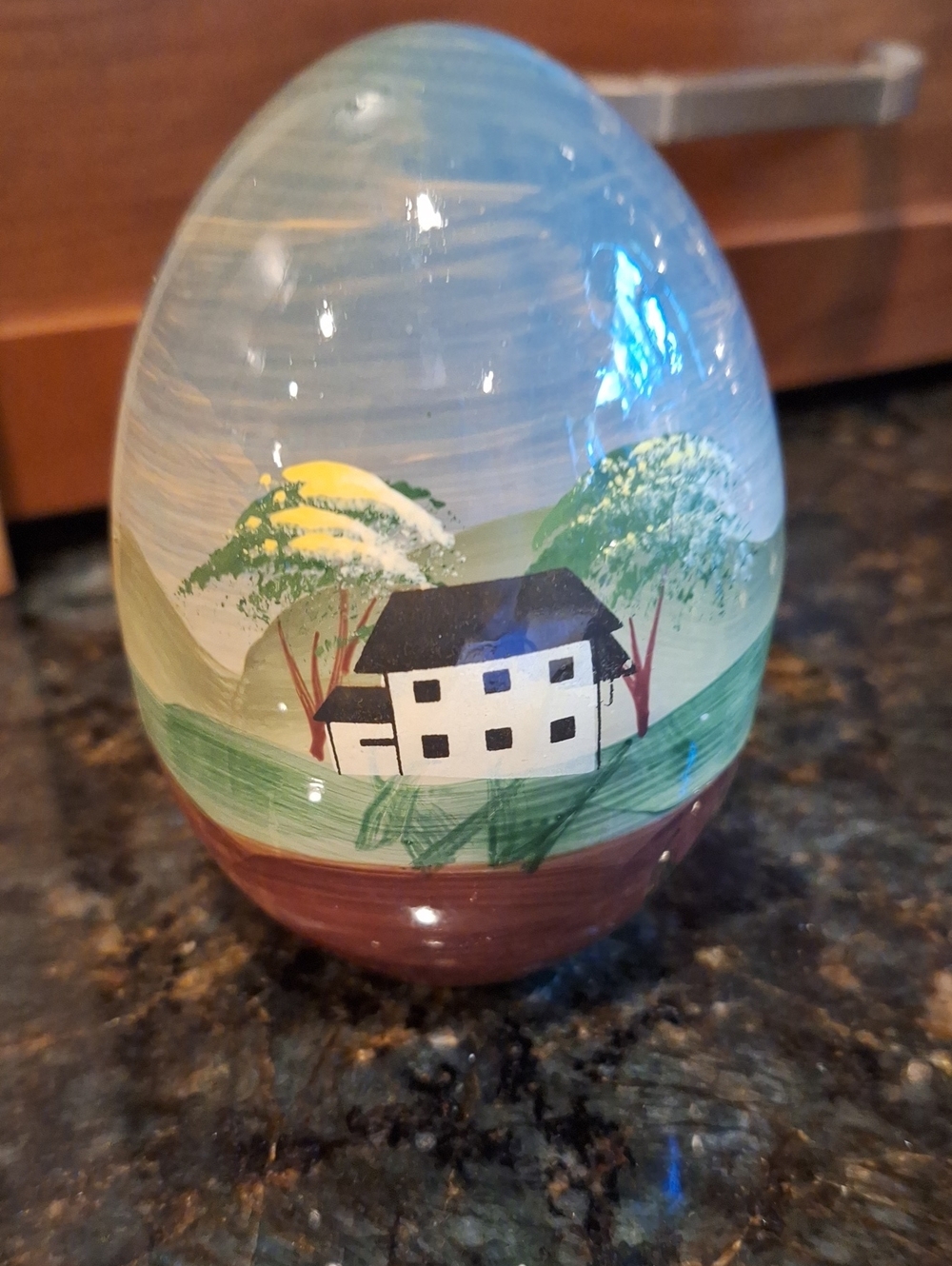Vintage Hand-Painted Folk Art Ceramic Egg with Country House Art